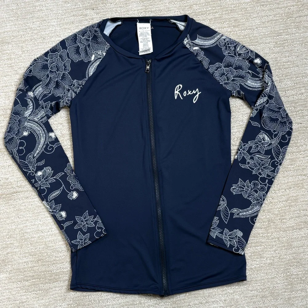 Roxy Floral Bandana Print Zip Front Long Sleeve Rashguard Kids Girls Size M 10